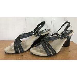 Reaction Kenneth Cole Power Line Black Leather Strappy Sandals Heels Wedges 7.5